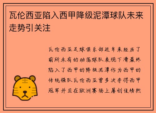 瓦伦西亚陷入西甲降级泥潭球队未来走势引关注 瓦伦西亚陷入西甲降级泥潭球队未来走势引关注